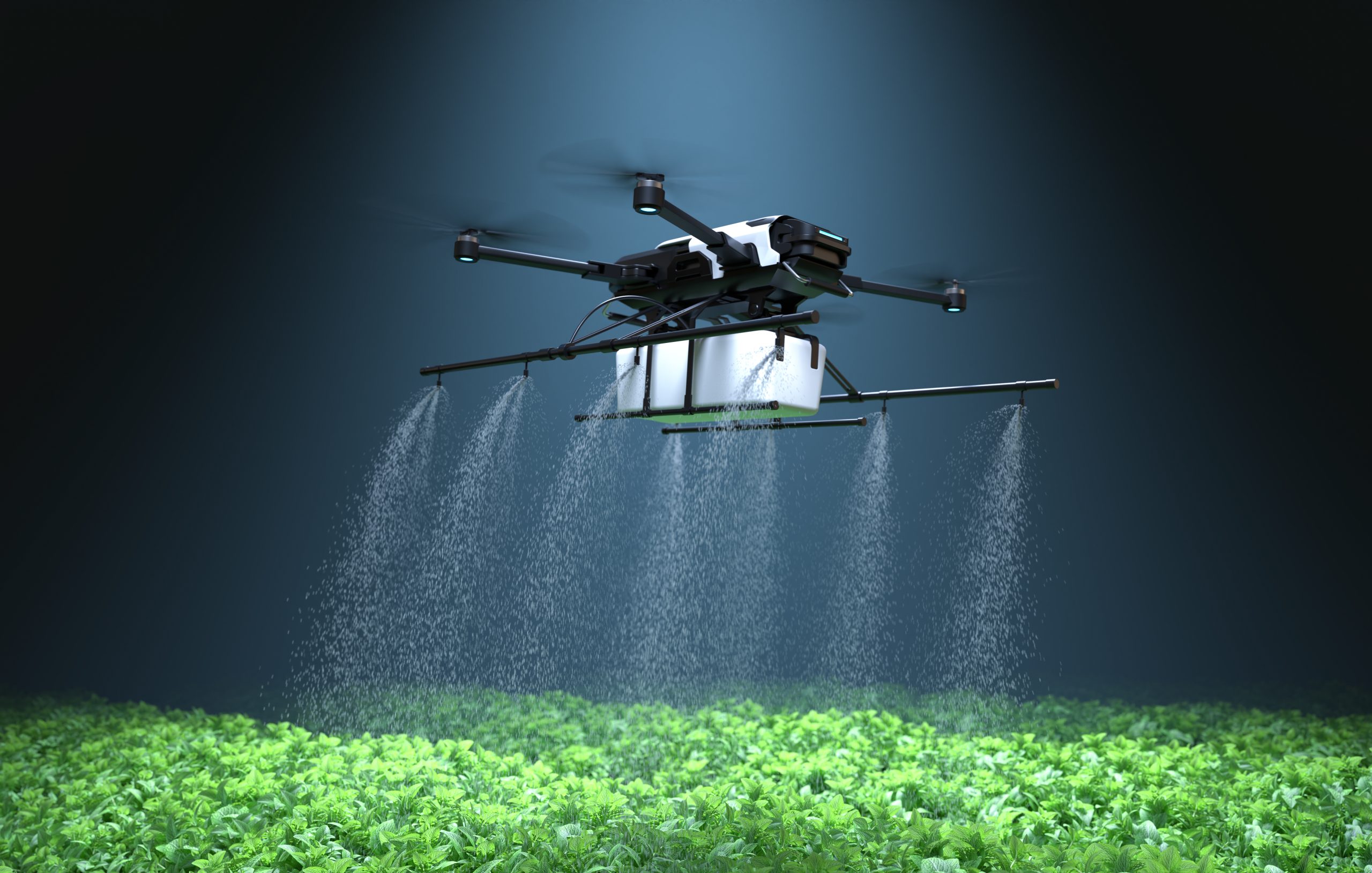 drone spraying fertilizer vegetable green plants agriculture technology farm automation scaled